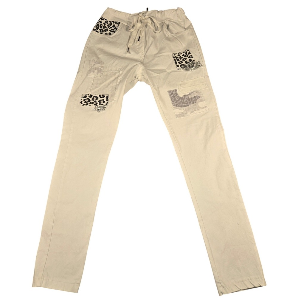 Venti 6 Women White Stretch Elastic Waist Slim Pants Made in Italy Size S